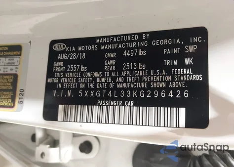 2019 Kia Optima Lx z USA, uszkodzony, nr VIN 5XXGT4L33KG296426